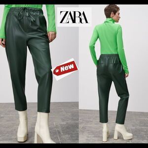 ZARA green faux leather mid rise The Weekend Pants drawstring size medium NWT